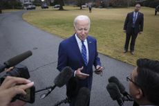 President Biden talks to reporters before boarding Marine One. 