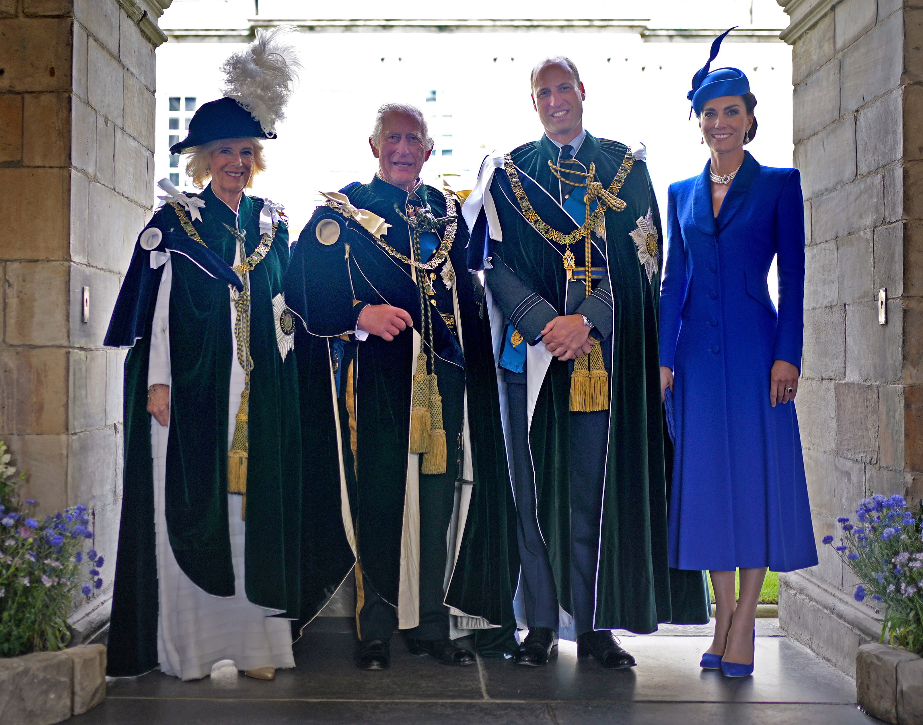 Queen Camilla, King Charles III, Prince William, Prince of Wales, known as the Duke of Rothesay while in Scotland, and Catherine, Princess of Wales, known as the Duchess of Rothesay while in Scotland, at the Palace of Holyroodhouse after a National Service of Thanksgiving and Dedication to the coronation of King Charles III and Queen Camilla