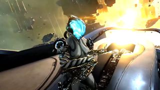 A Tenno stands at the helm of a Railjack ship in Warframe.