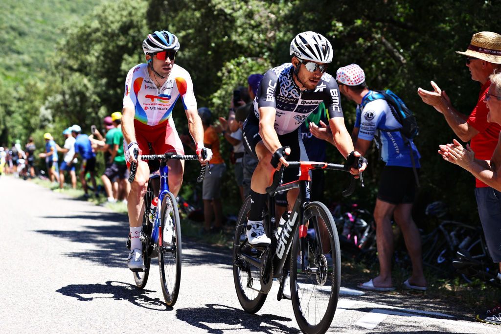 CARCASSONNE FRANCE JULY 09 Pierre Latour of France and Team TotalEnergies Sean Bennett of The United States and Team Qhubeka NextHash in the Breakaway during the 108th Tour de France 2021 Stage 13 a 2199km stage from Nmes to Carcassonne LeTour TDF2021 on July 09 2021 in Carcassonne France Photo by Michael SteeleGetty Images