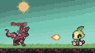 Anode Heart - a pixelated side-on battle where a firey wolf pup throws a fireball at a plant monster