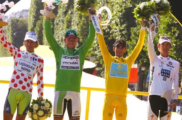 Franco Pellizotti (Liquigas), Thor Hushovd (Cervelo), Alberto Contador (Astana) and Andy Schleck (Saxo Bank) display their jerseys