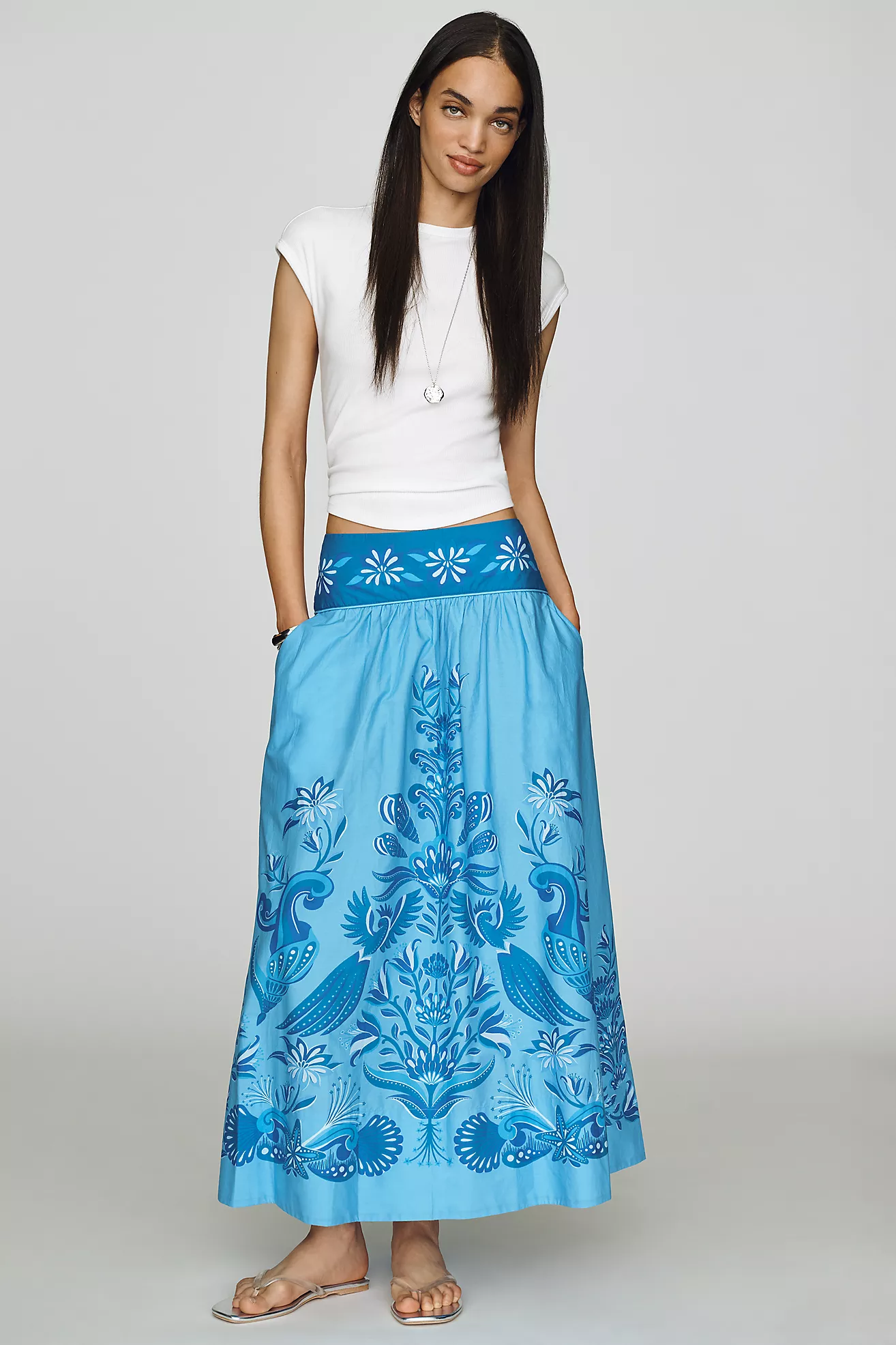 Farm Rio Printed Hibiscus Midi Skirt