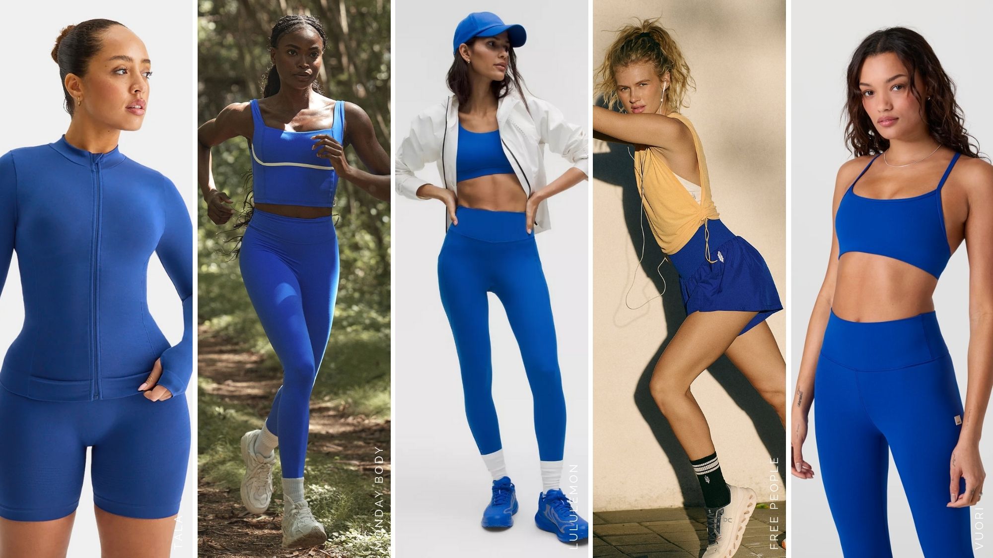 selection of the best cobalt activewear from Tala, Monday, lululemon, Free People, Vuori