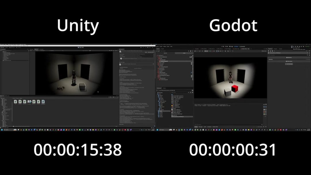 A side-by side comparison of scenes in a game made in Unity vs Godot Engine