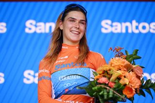 ALDINGA AUSTRALIA JANUARY 17 Daniek Hengeveld of The Netherlands and CeratizitWnt Pro Cycling Team celebrates at podium as Orange Santos Leaders Jersey winner during the 9th Santos Womens Tour Down Under 2025 Stage 1 a 101 9km stage from Brighton to Snapper PointAldinga UCIWWT on January 17 2025 in Aldinga Australia Photo by Dario BelingheriGetty Images