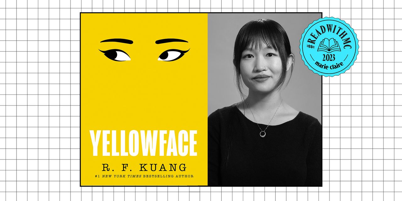 R.F. Kuang and &#039;Yellowface&#039; book cover on white grid with blue ReadWithMC 2023 Marie Claire stamp 