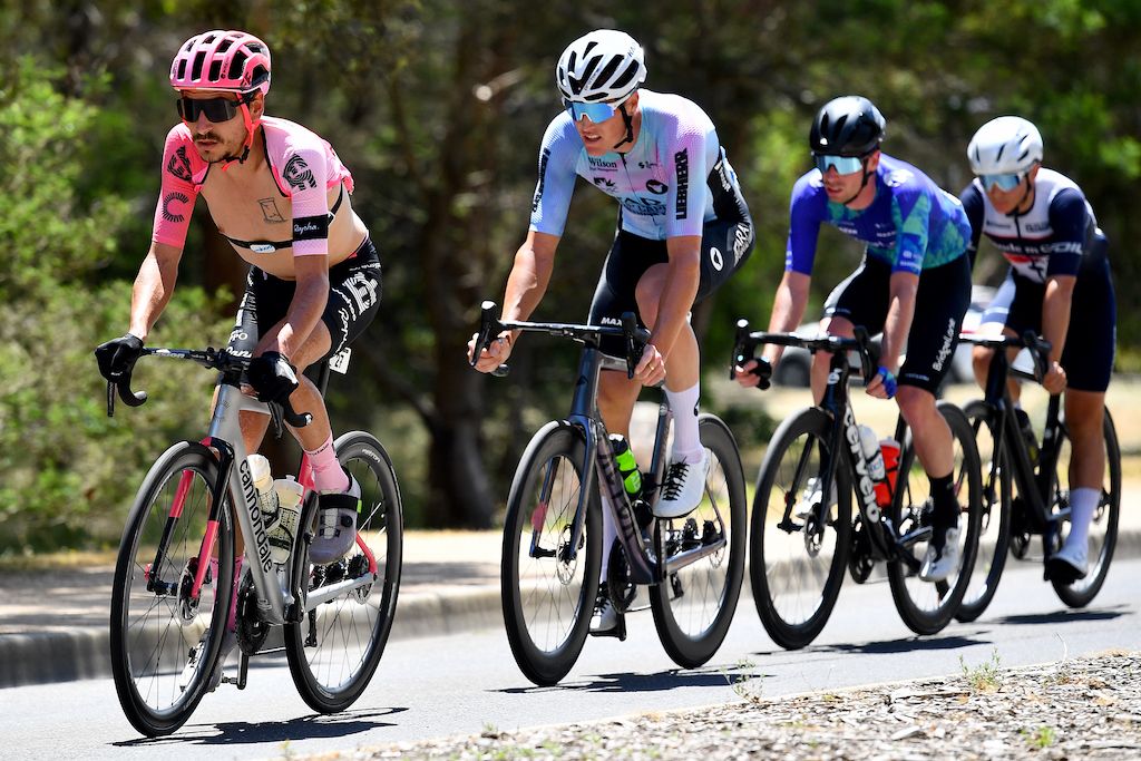 Lachlan Morton (EF Education EasyPost) at the front of the break at the AusCycling Road National Championships elite men&#039;s road race 2023