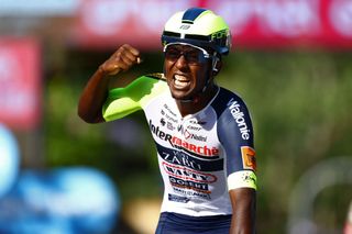 JESI ITALY MAY 17 Hailu Biniam Girmay of Eritrea and Team Intermarch Wanty Gobert Matriaux celebrates winning during the 105th Giro dItalia 2022 Stage 10 a 196km stage from Pescara to Jesi 95m Giro WorldTour on May 17 2022 in Jesi Italy Photo by Michael SteeleGetty Images