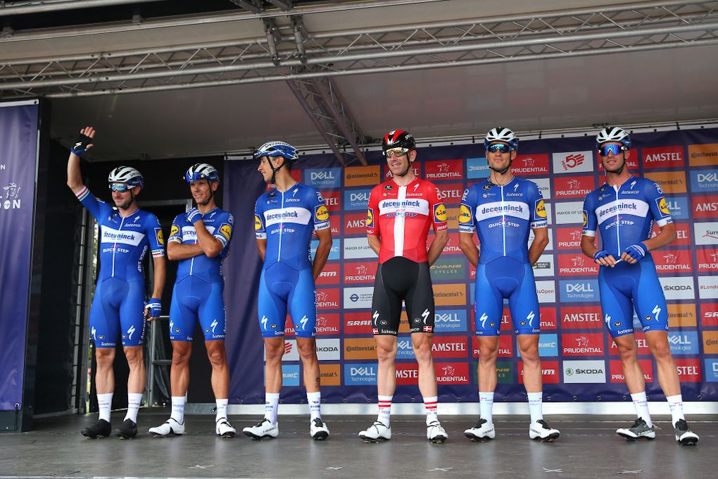 Deceuninck-QuickStep at sign in for RideLondon-Surrey Classic