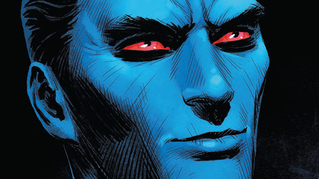 Here we see a close up drawing of Grand Admiral Thrawn's face. He is a humanoid with striking blue skin, short dark hair and red eyes.