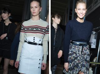 Image one - female model wearing a zigzag striped sweater and a white skirt. Image two - female model wearing a black sweater and a multicoloured frilly skirt