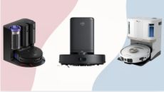a collage image of three of the models in w&h's best robot vacuum guide: the Dyson ai Spot + Scrub, Eufy X8Pro, and Shark DirtDetect