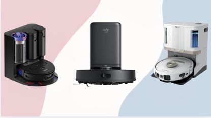 a collage image of three of the models in w&h's best robot vacuum guide: the Dyson ai Spot + Scrub, Eufy X8Pro, and Shark DirtDetect