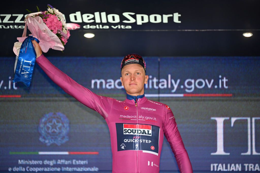 FOSSANO ITALY MAY 06 Tim Merlier of Belgium and Team Soudal QuickStep celebrates at podium as Purple Points Jersey winner during the 107th Giro dItalia 2024 Stage 3 a 166km stage from Novara to Fossano 374m UCIWT on May 06 2024 in Fossano Italy Photo by Tim de WaeleGetty Images