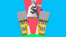 Man's hand holding money bag with US dollar sign between split halves of yellow miniature model of house on illustrated green hill, blue and red background