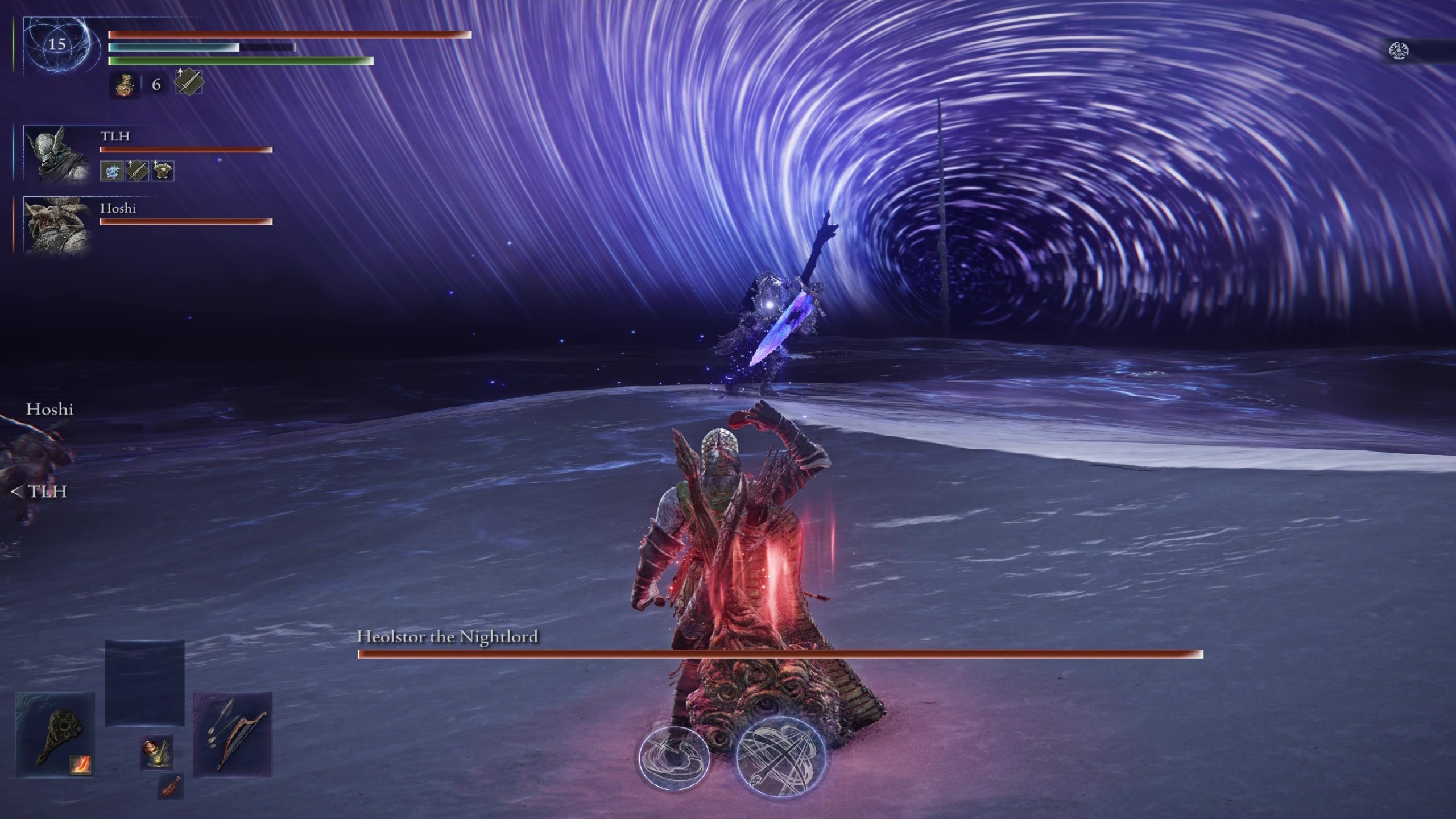 Elden Ring Nightreign Night Aspect guide Heolstor boss: The Nightlord holding its large purple sword, ready to charge and jab at Ironeye.
