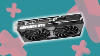 Galax RTX 4070 Super graphics card with glowing GeForce RTX logo and teal backdrop with pink GamesRadar+ symbols