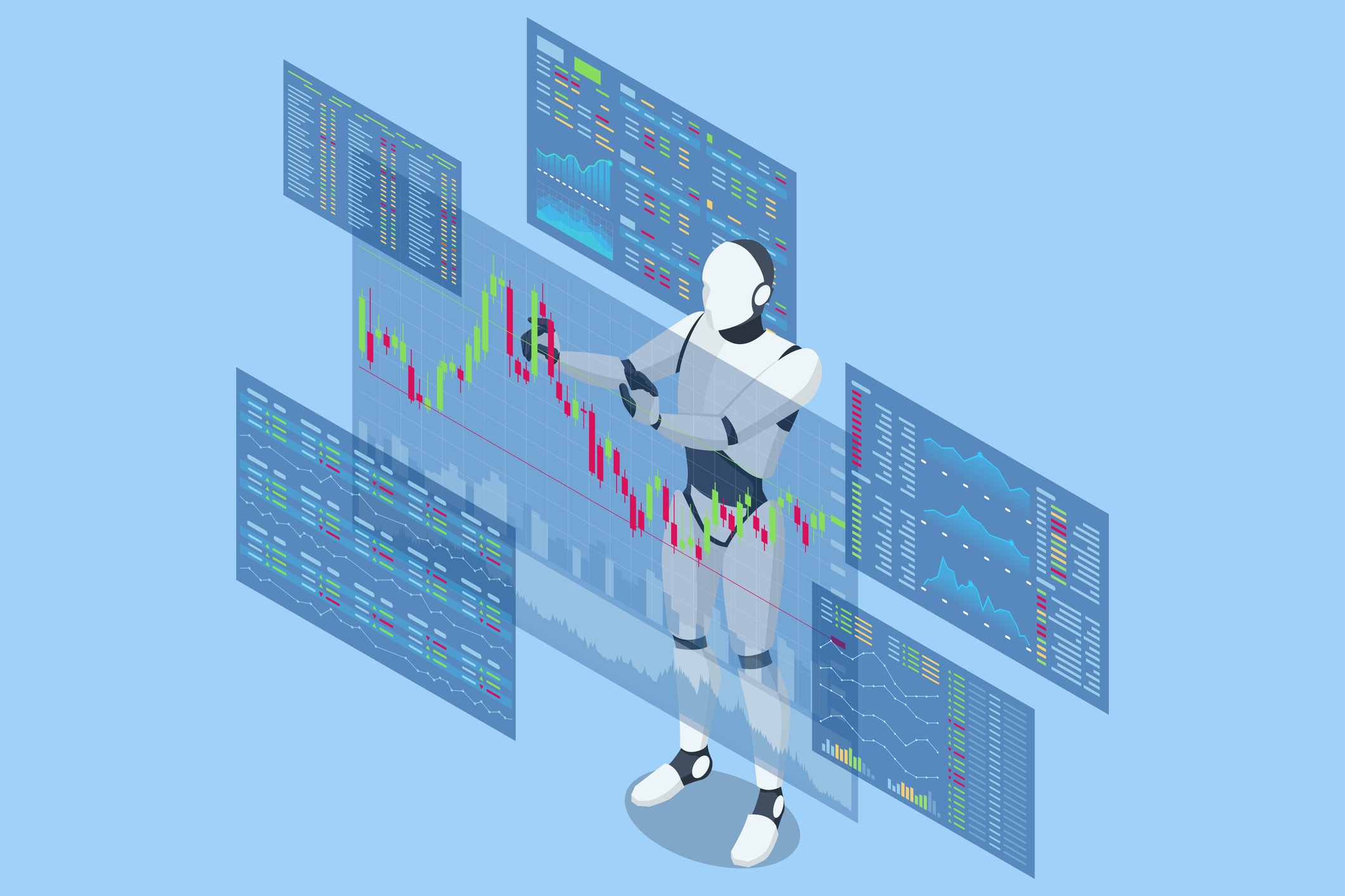 illustration of an AI trading robot analyzing stock market charts