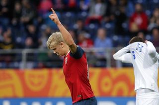 Erling Haaland celebrates after scoring Norway's 11th goal against Honduras in a 12-0 win, in which he scored nine, in the Under-20 World Cup in 2019.