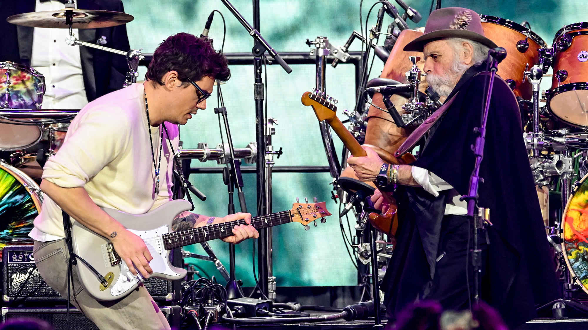 John Mayer, Bob Weir perform onstage at the 2025 MusiCares Persons of the Year Benefit Gala for Grateful Dead held at the Los Angeles Convention Center on January 31, 2025 in Los Angeles, California