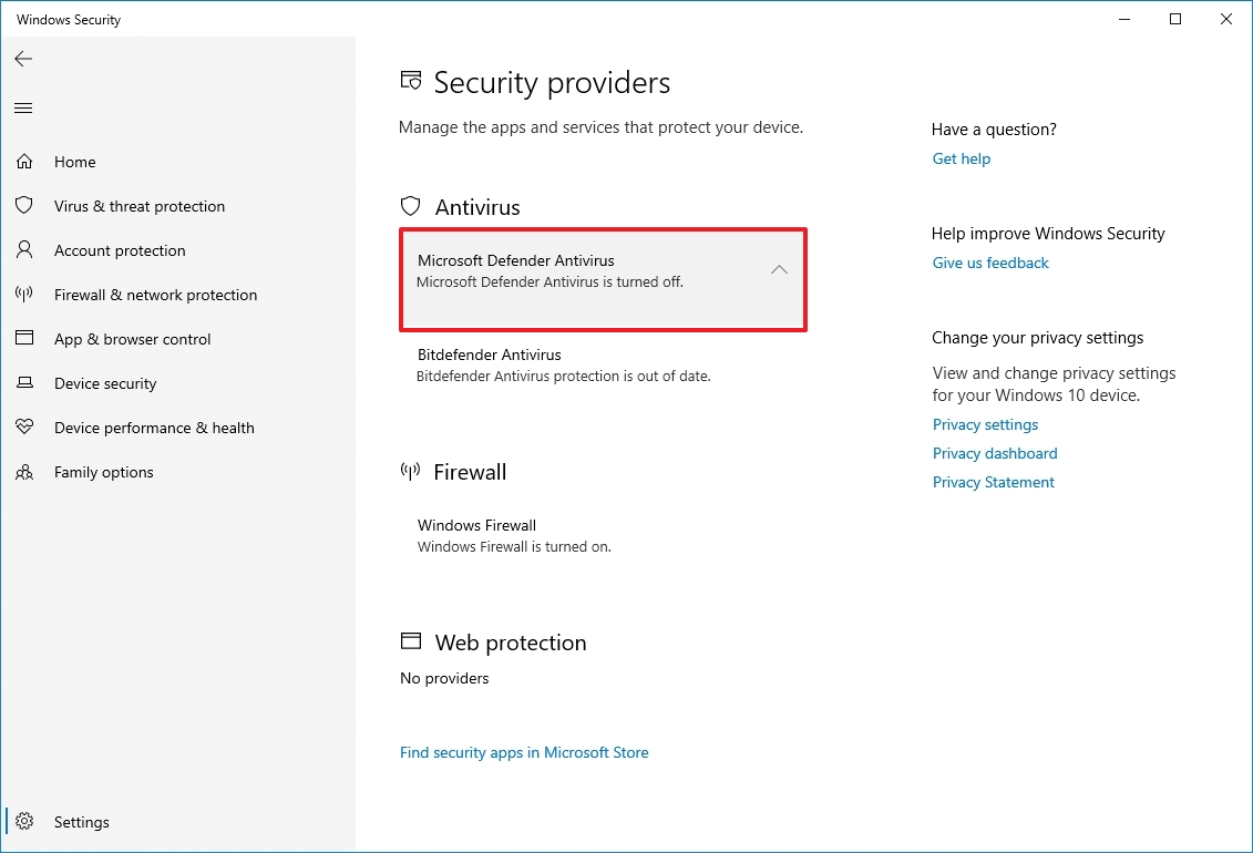 Microsoft Defender Antivirus disabled