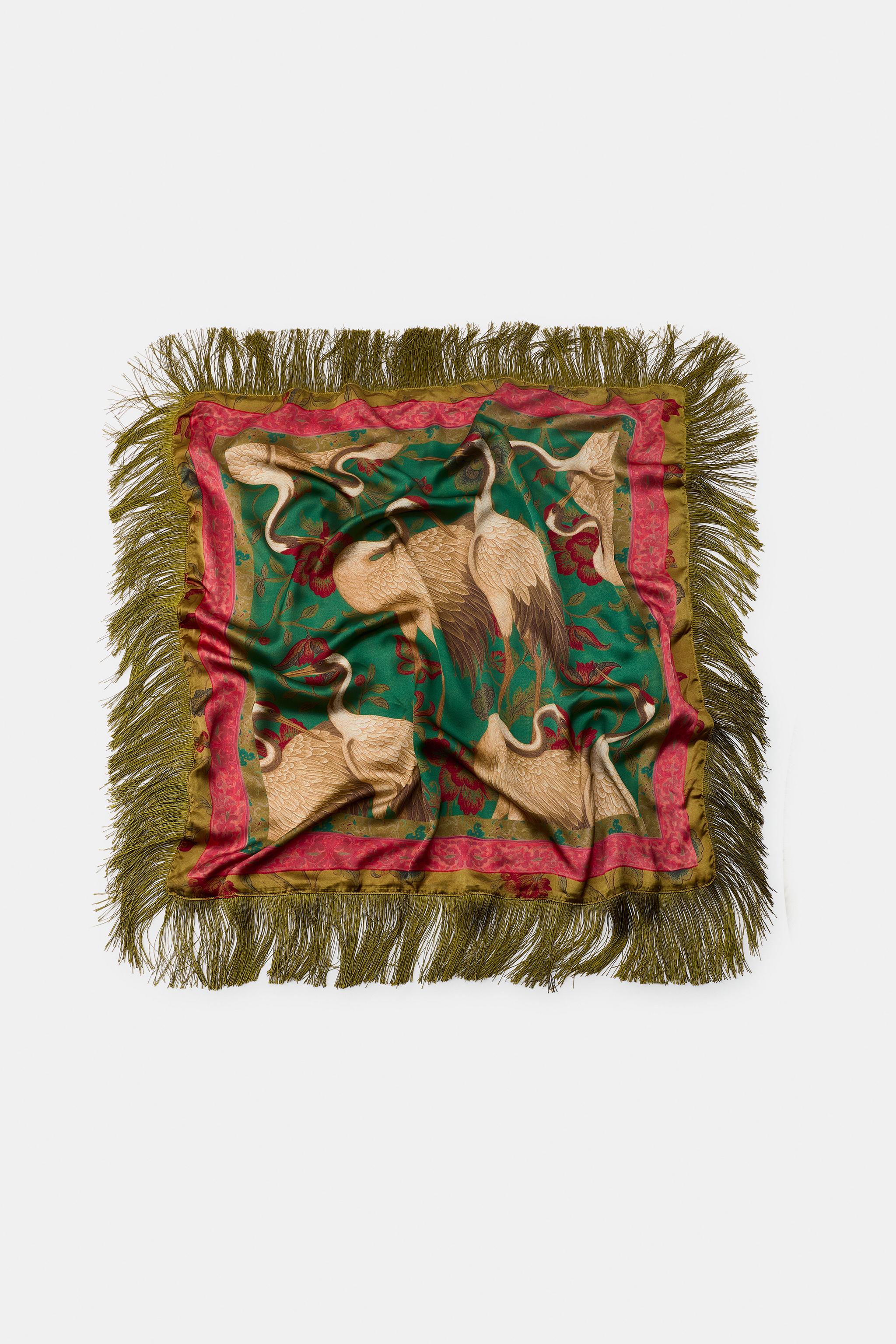 Fringed Printed Satin Scarf