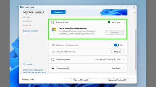 Screenshot showing how to check the health of your Windows PC using PC Health Check - Backup and sync