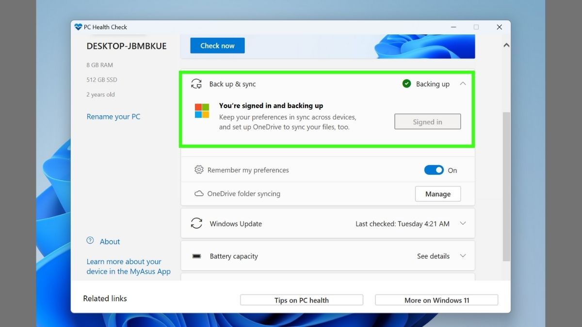 PC Health Check - Screenshots showing how to check the health of your Windows PC using Backup and Sync