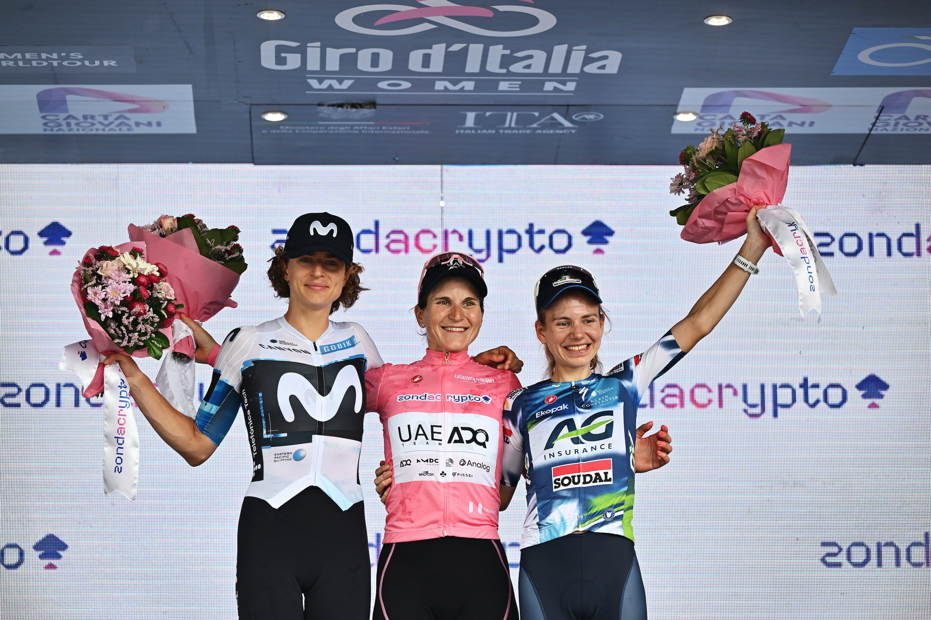 The podium of the 2025 Giro d&#039;Italia Women: Marlen Reusser, Elisa Longo Borghini and Sarah Gigante