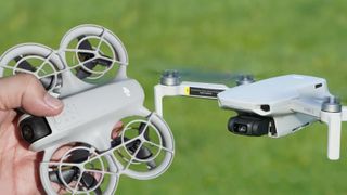 DJI Neo in Adam Juniper's hand and a DJI Mini 2 flying with grass behind