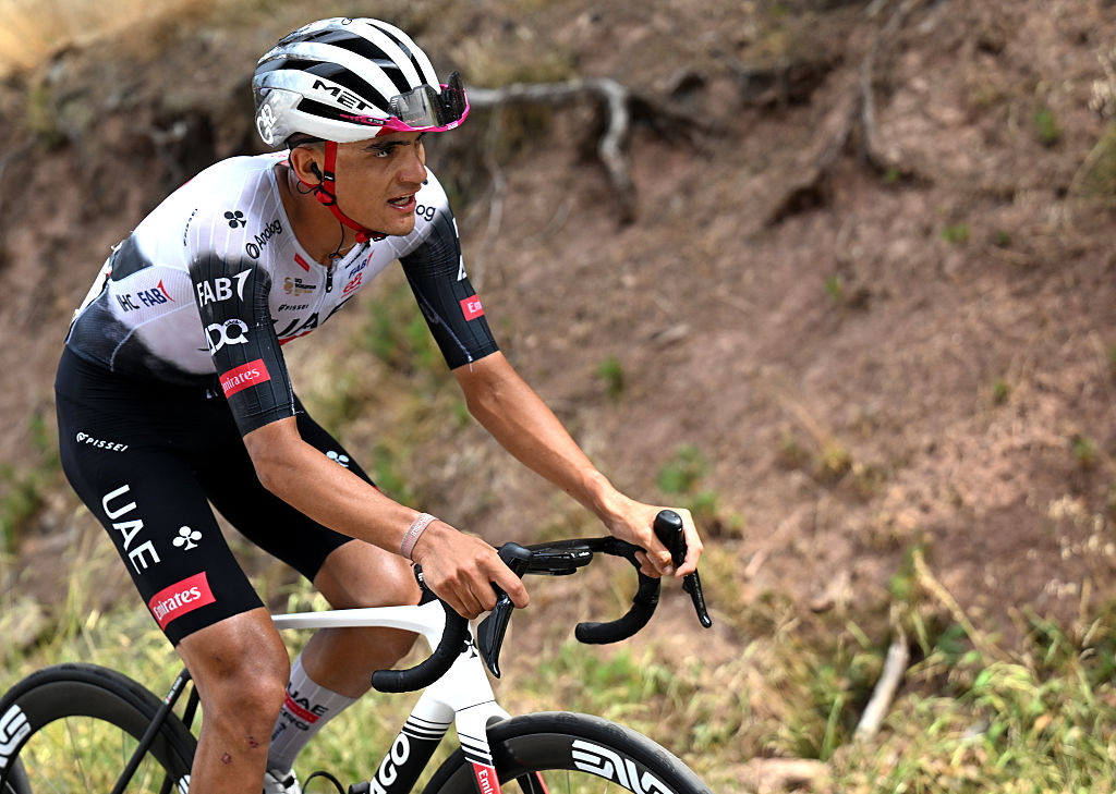 LAGUNAS DE NEILA, SPAIN - AUGUST 09: Isaac Del Toro of Mexico and UAE Team Emirates - XRG competes in the breakaway during the 47th Vuelta a Burgos 2025, Stage 5 a 138.3km stage from Quintana del Pidio to Lagunas de Neila 1866m on August 09, 2025 in Lagunas de Neila, Spain. (Photo by Antonio Baixauli/Getty Images)