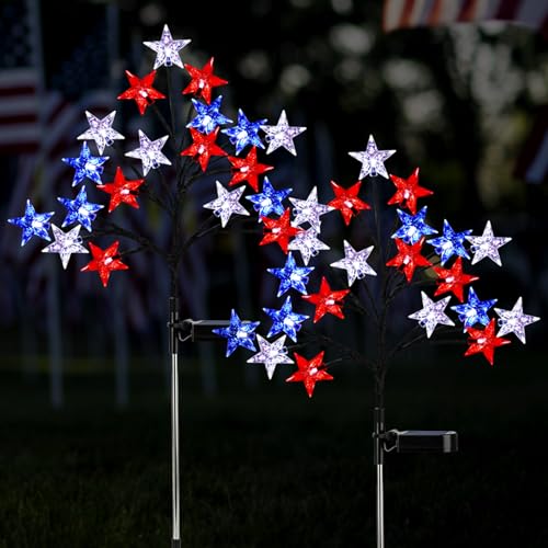 Reyeeinc Solar 4th of July Stake Lights, Red White and Blue Lights Outdoor Decorations, Led Patriotic Lights Battery Operated for Memorial Day, July 4th, Veterans Day Outside Decor (2 Individual Pack)