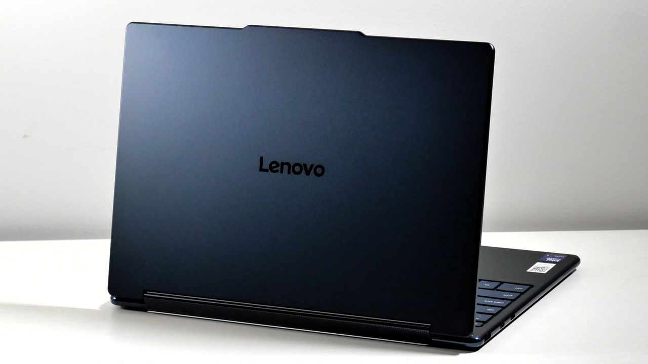 Lenovo Yoga 9i 2-in-1 Aura Edition open on a white desk, highlighting the cosmic blue lid.