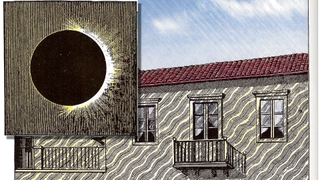 a drawing of a house during a solar eclipse; on the outside of the house are wavy lines of shadow