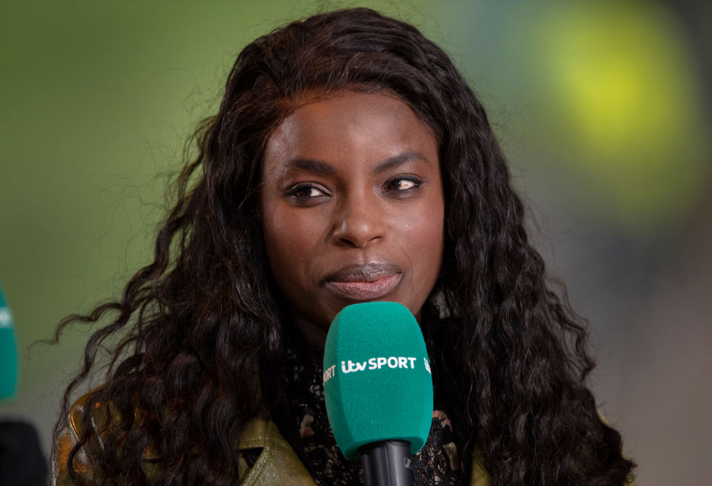 ITV Sport pundit Eniola Aluko during the Arnold Clark Cup match between England and Canada at Riverside Stadium on February 17, 2022 in Middlesbrough, England