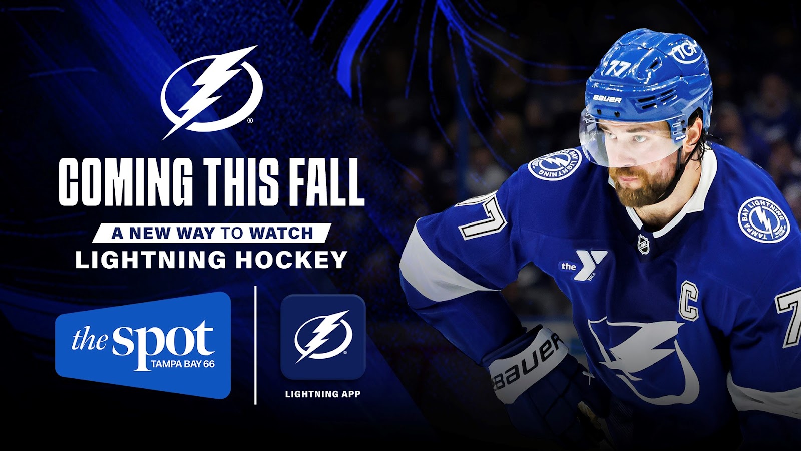 Shot of a Tampa Bay Lightening player with company logos and the text &quot;coming this fall, a new way to watch Lightening Hockey.