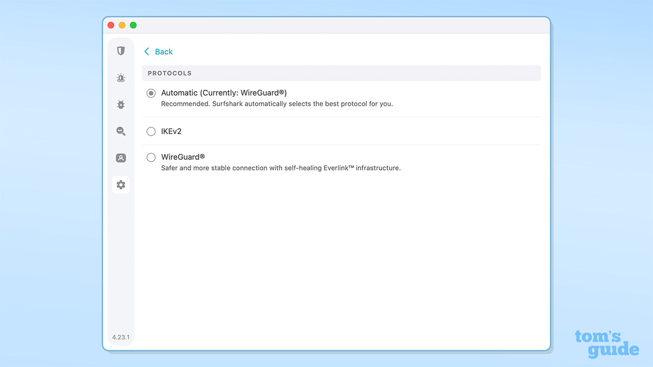 Screengrab of Surfshark&#039;s protocols page on Mac, displaying IKEv2, WireGuard, and Auto settings.