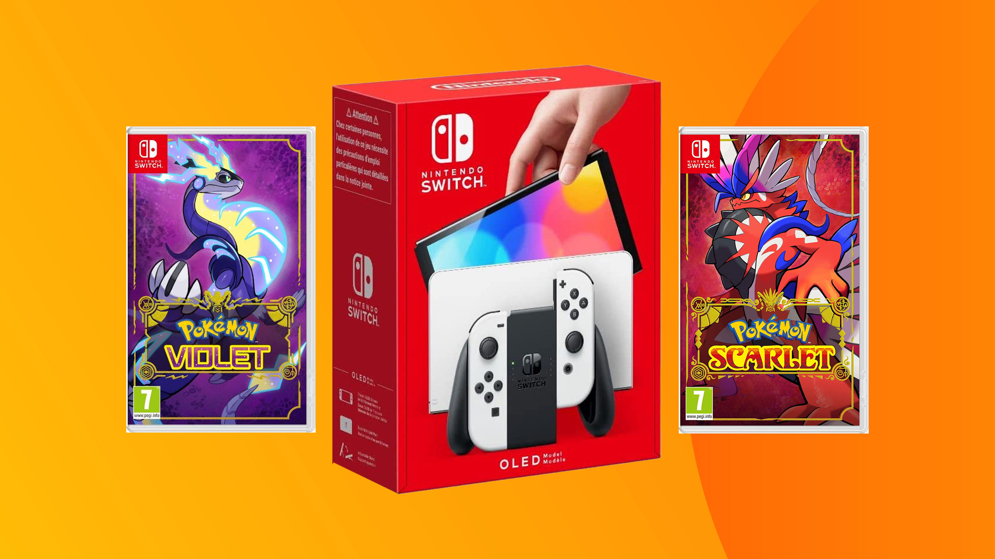 A product shot of the Switch OLED console and Pokemon games against a colored background