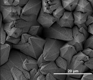 Microstructures on a material sample viewed under a Scanning Electron Microscope.