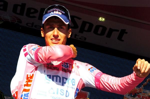 Adriano Malori (Lampre - ISD) pulls on the pink jersey