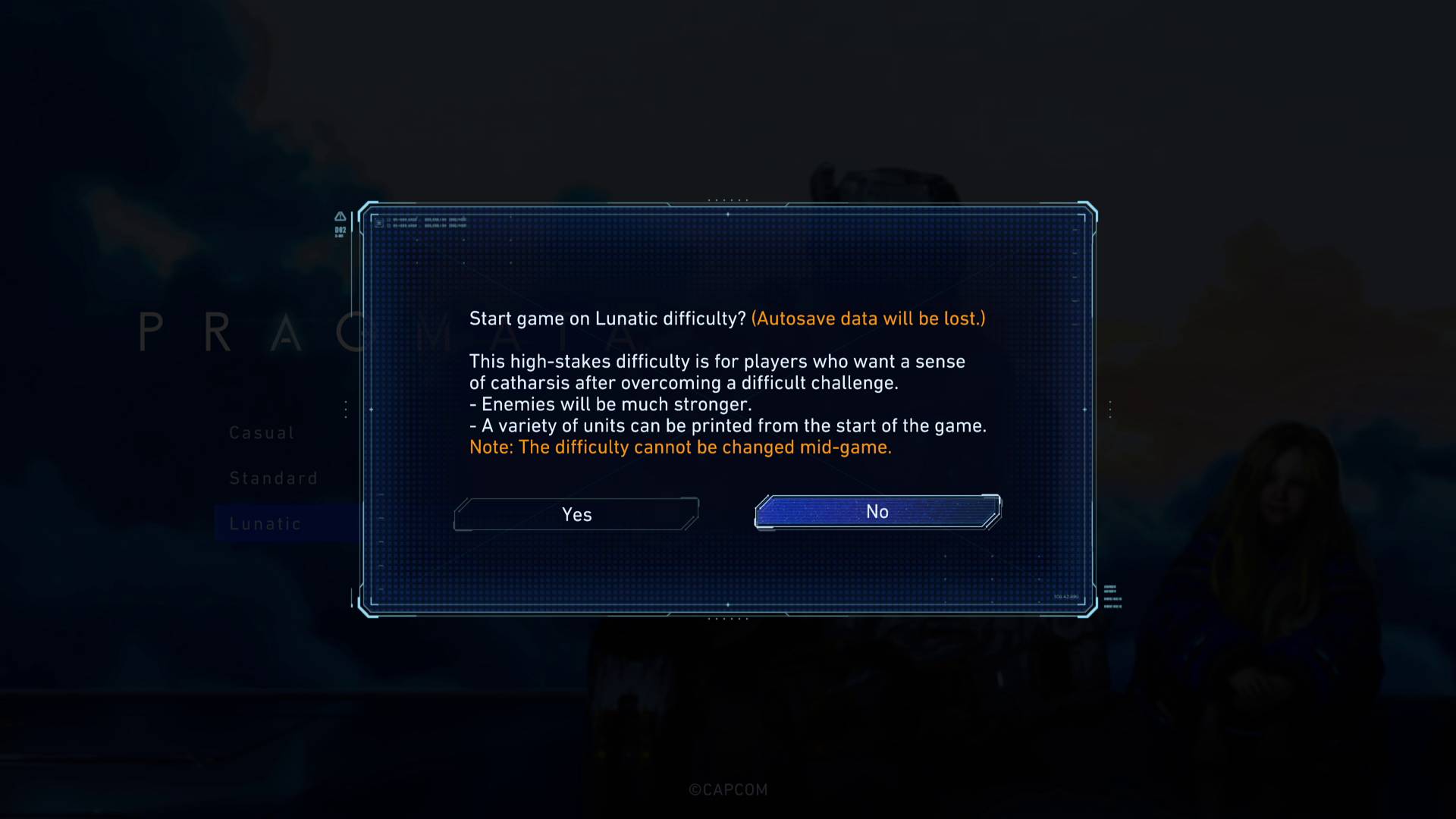 Pragmata Lunatic difficulty warning notification