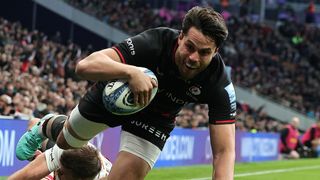  Sean Maitland of Saracens dives for a try ahead of the Northampton vs Saracens Premiership Rugby semi-final 2024