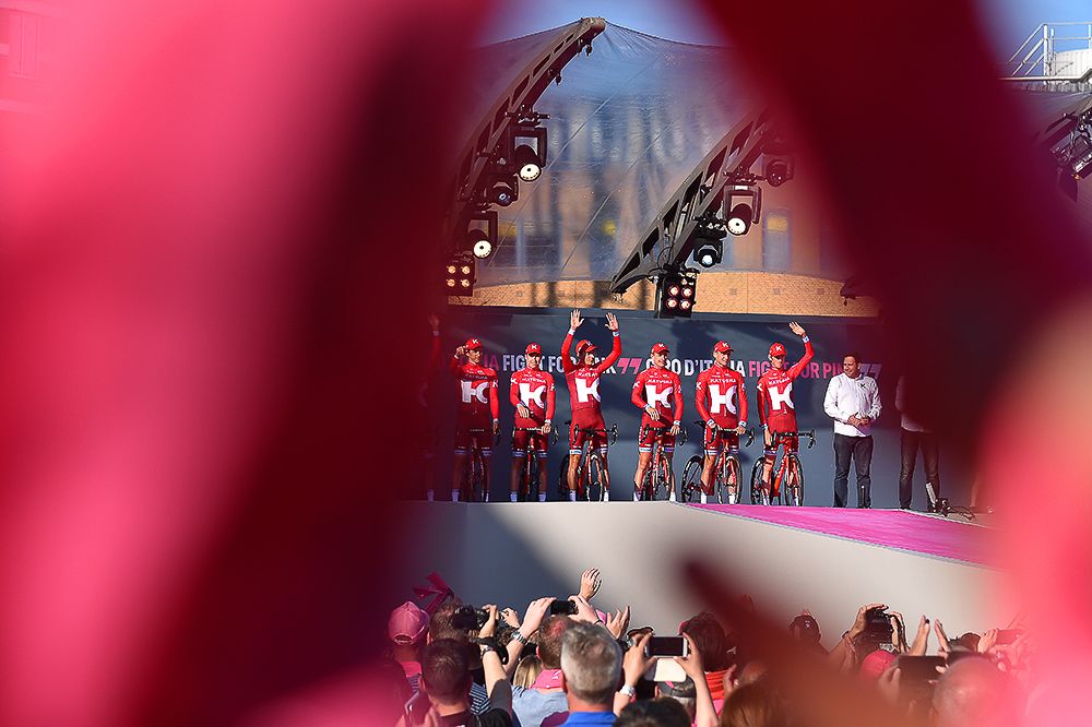 Team Katusha on stage in Apeldoorn.