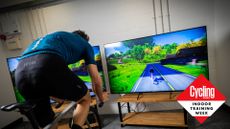Image shows a rider training indoors on Zwift.