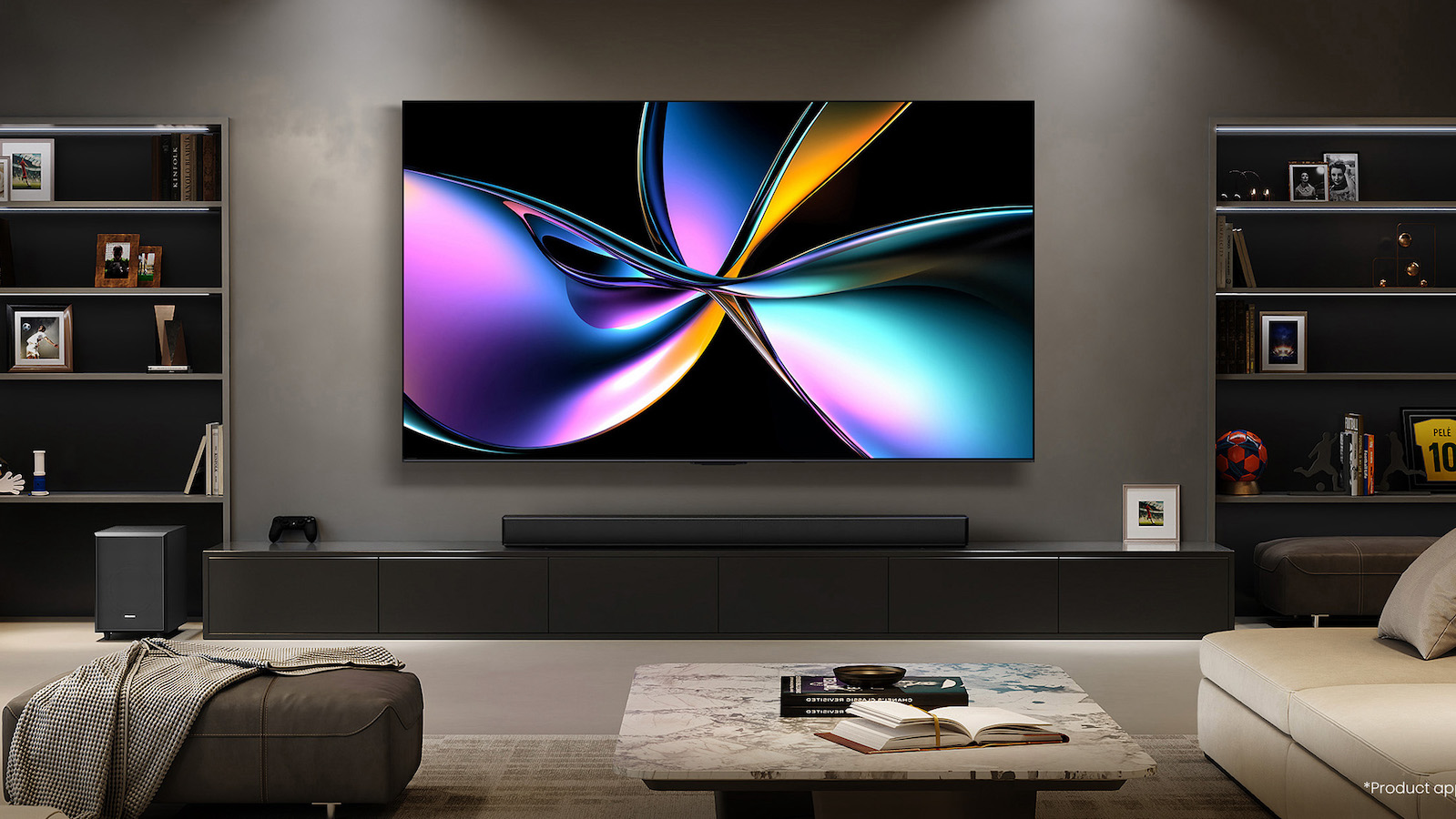 The Hisense U7Q Pro Mini LED TV pictured in a dimly lit living room