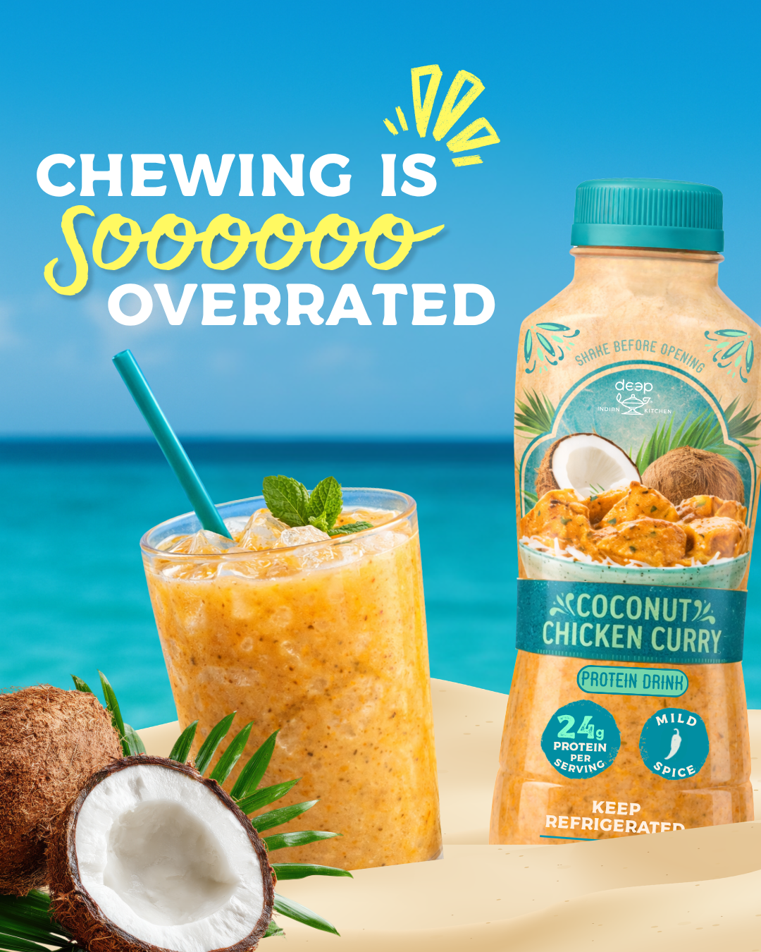a promo april fools image from deep indian kitchen showing the coconut chicken curry protein shake