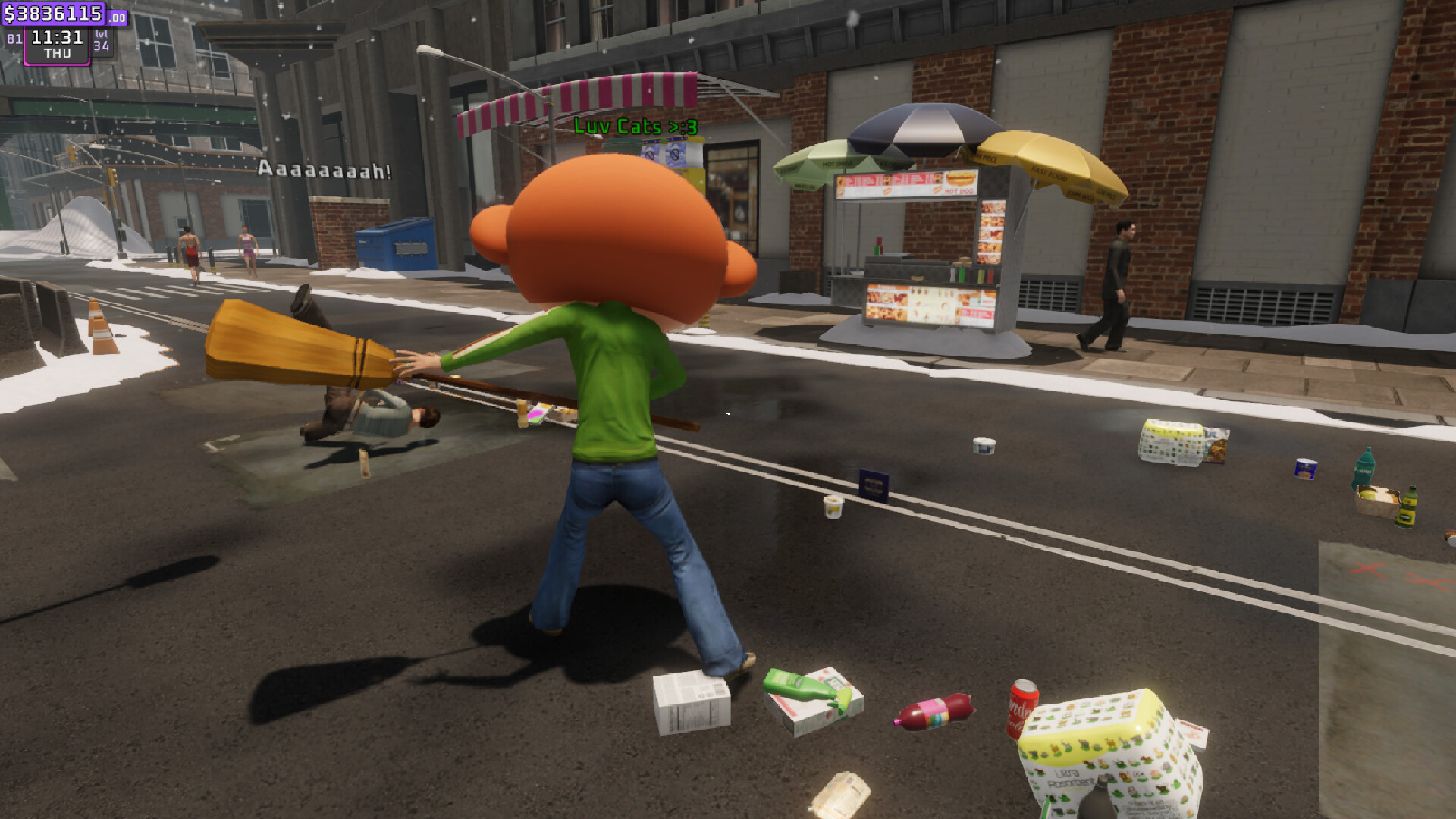 A man with a big head sweeps the street in Supermarket Together.