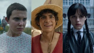 From left to right: Millie Bobby Brown in Stranger Things, Iñaki Godoy in One Piece and Jenna Ortega in Wednesday.