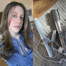 Photo collage of Jamie Schneider with a blowout using at-home hair tools 